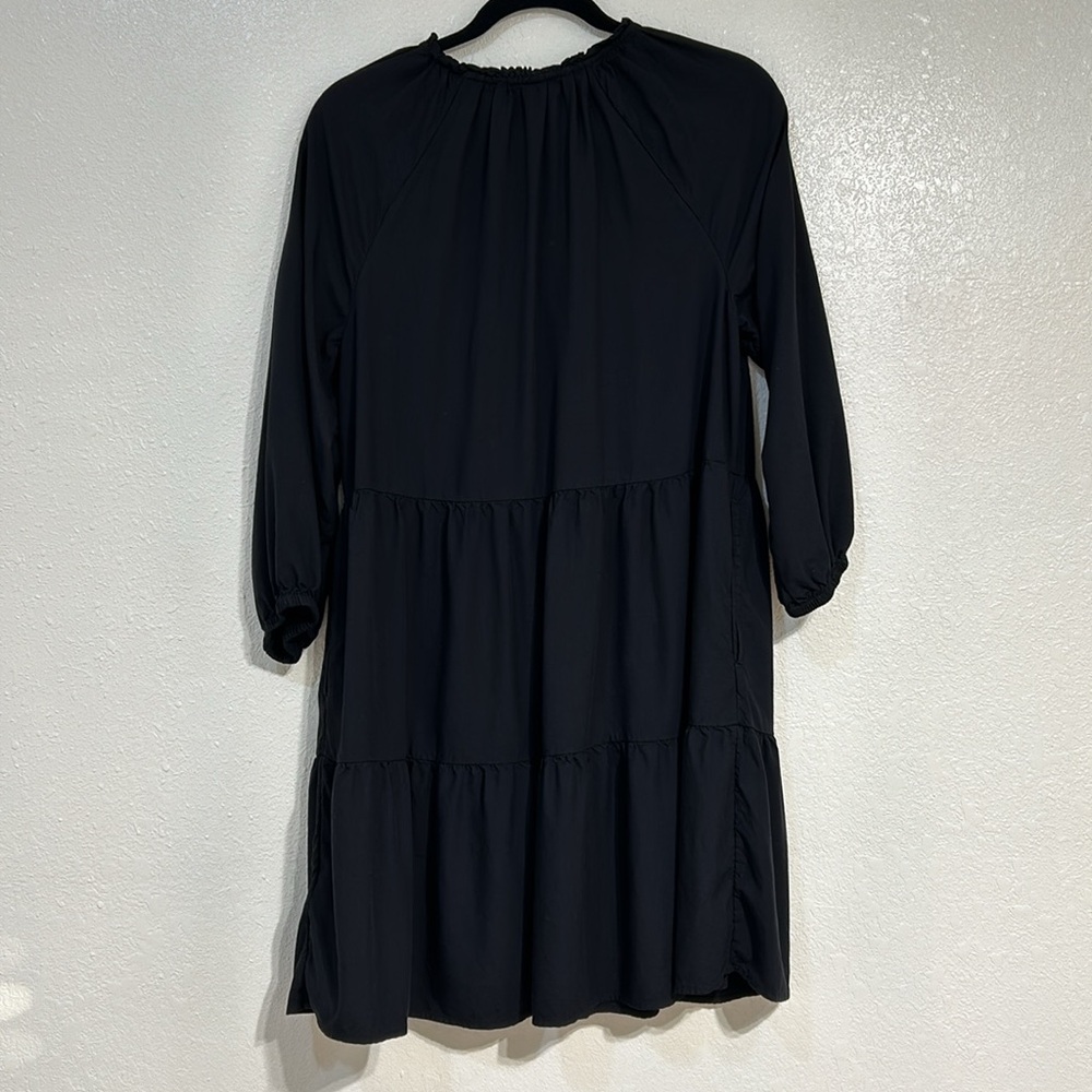 THE DROP CARALYNMIRAND MINI DRESS BLACK RUFFLE NECK TIERED BELL SLEEVE Sz MD - Picture 2 of 10